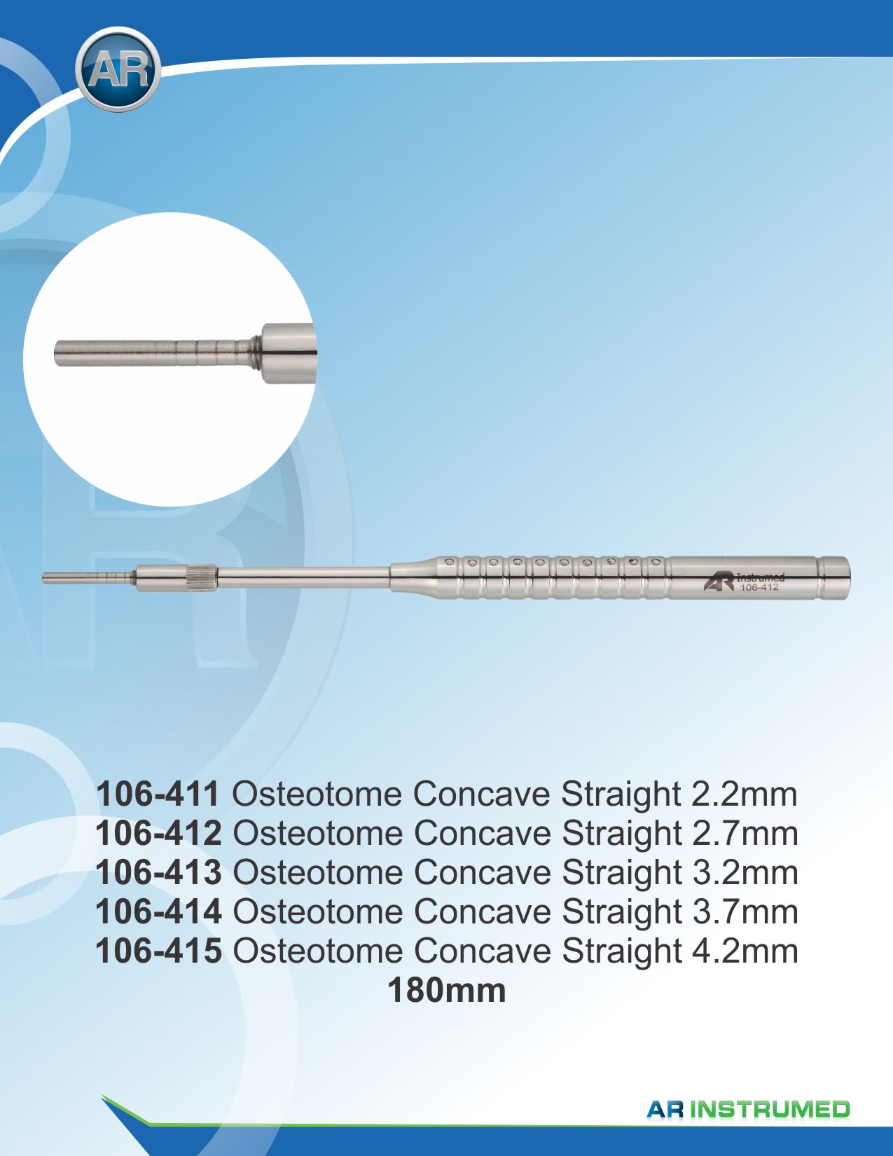 Osteotome Straight-Concave Marks: 1,0-1,2-1,4-1,6-1,8 3.2-180mm
