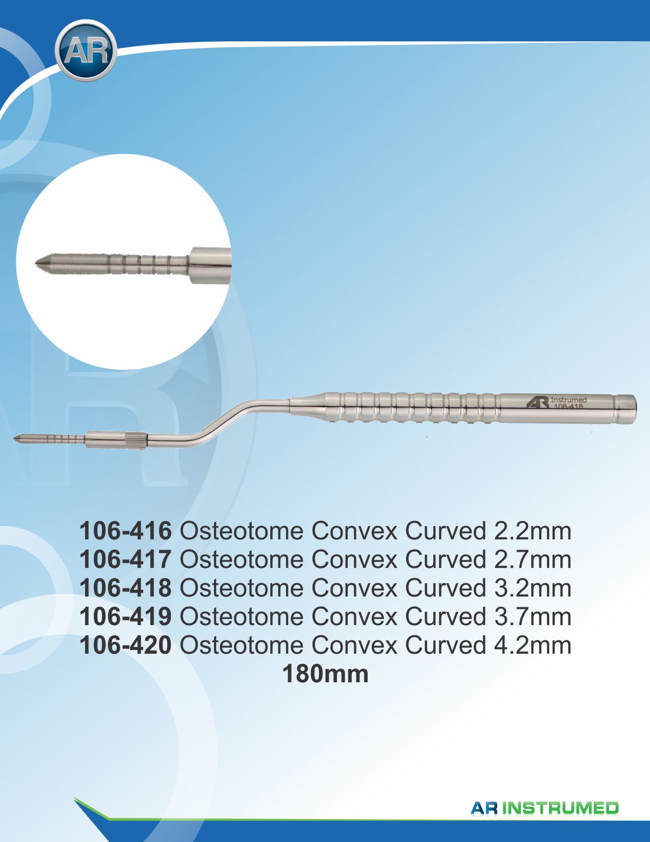 Osteotome Curved-Convex Marks: 1,0-1,2-1,4-1,6-1,8 2.2-180mm