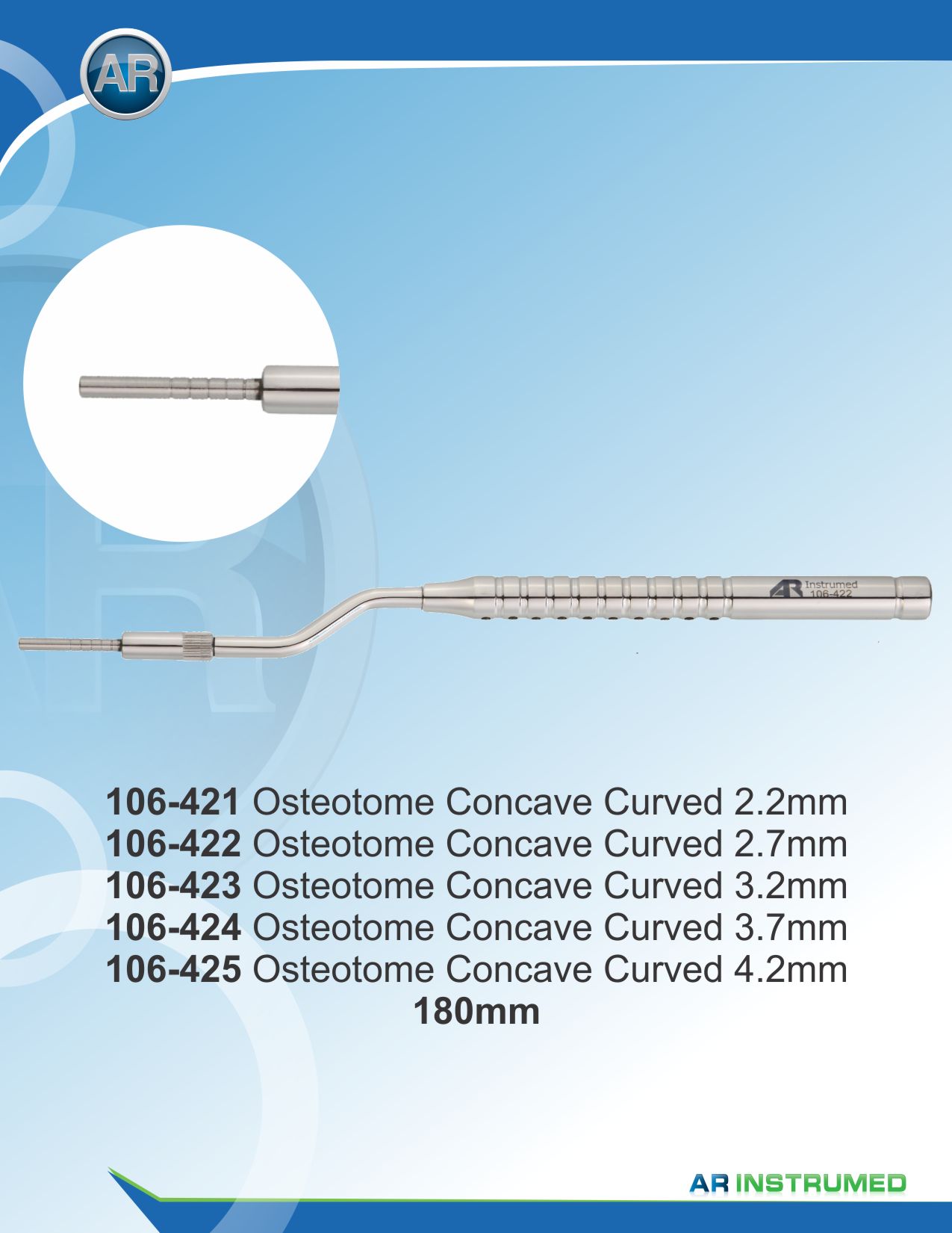 Osteotome Curved-Concave Marks: 1,0-1,2-1,4-1,6-1,8 2.2-180mm