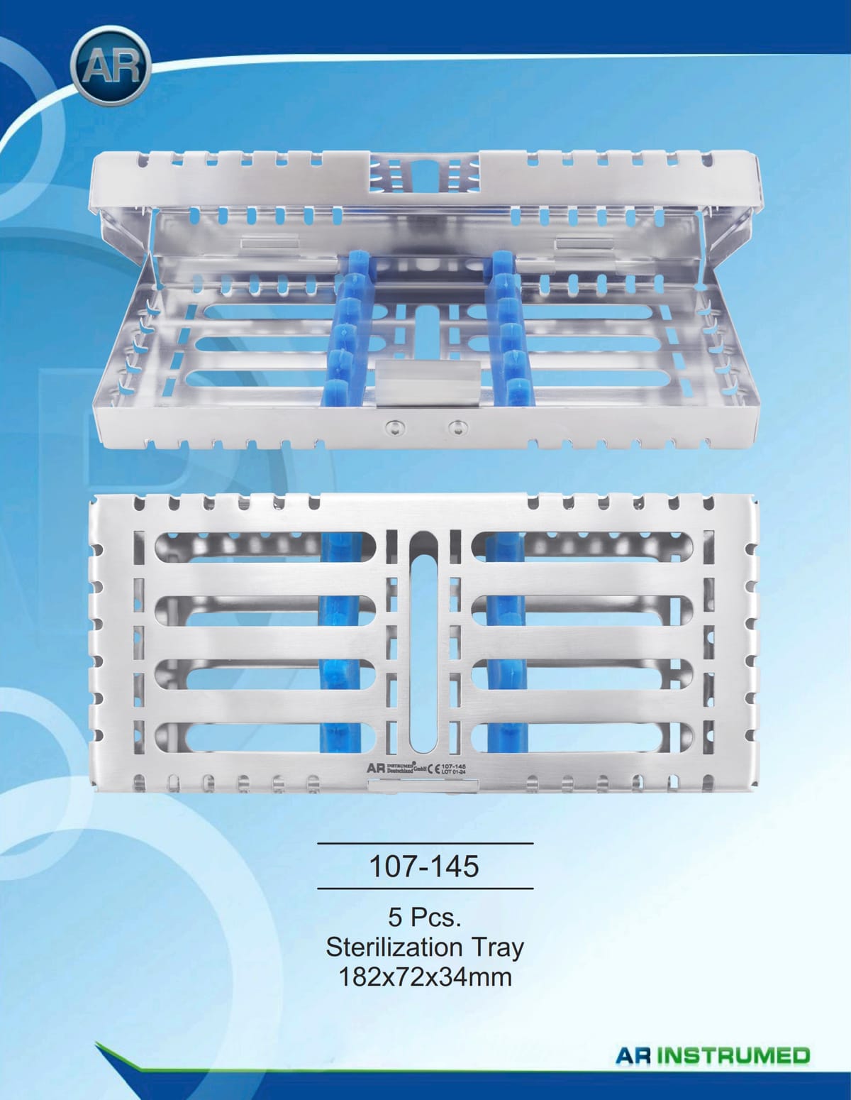 Stainless steel tray (holding cassettes) 5 pieces. Cassettes hold 182x72x34mm – AR Instrumed, Trays, Sterilization Containers and Accessories