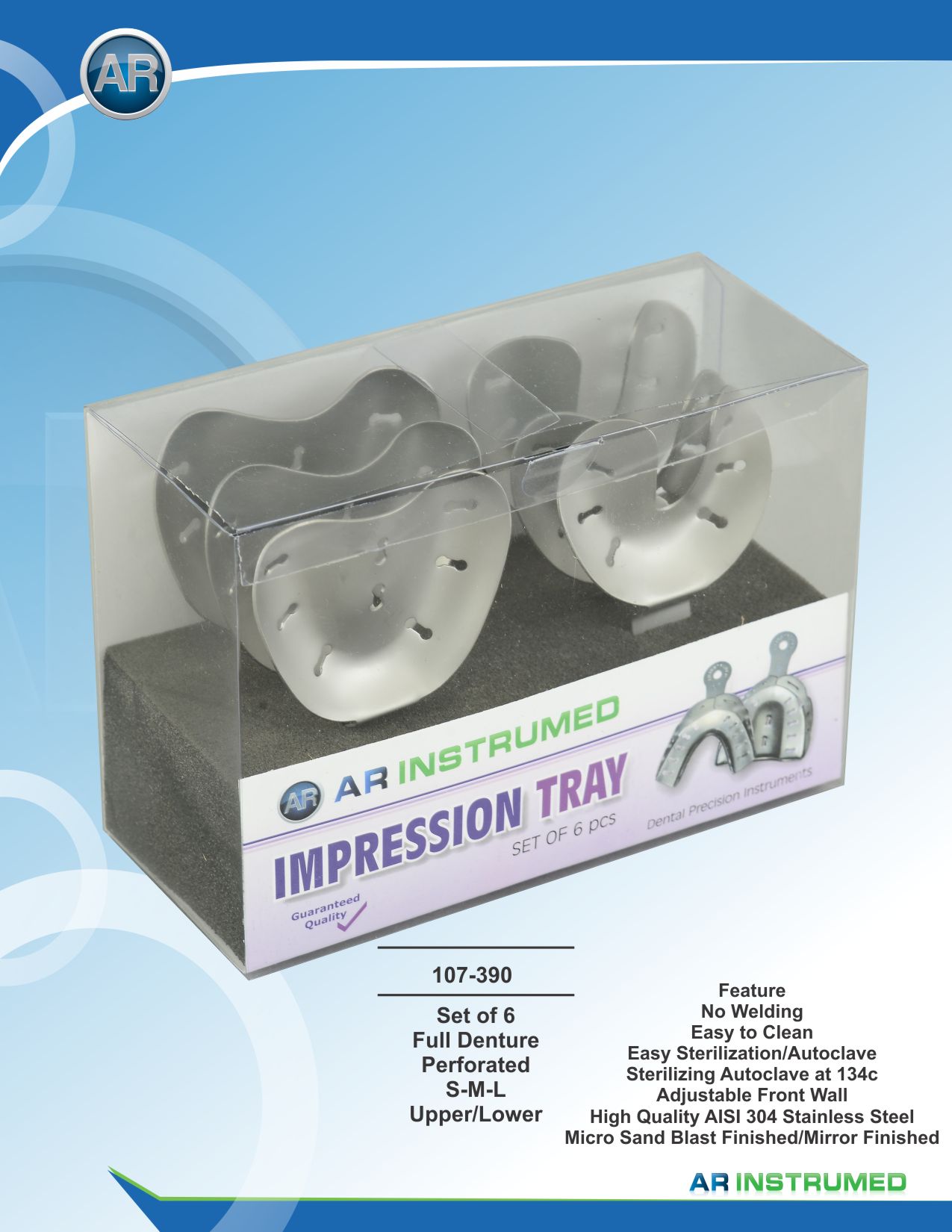 Impression Trays Set of 6 Full Denture Perforated S-M-L Upper/Lower
