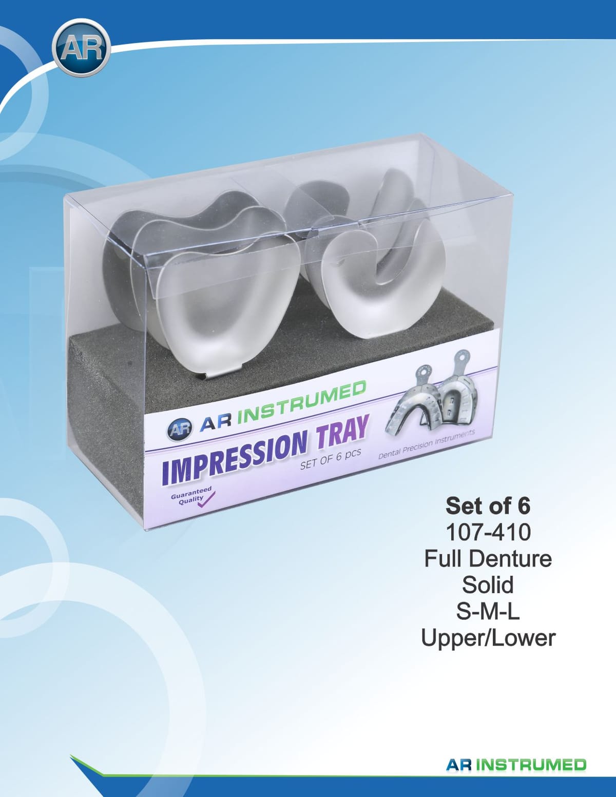 Impression Trays Set of 6 Full Denture Solid S-M-L Upper/Lower – AR Instrumed, Porte-empreintes et accessoires