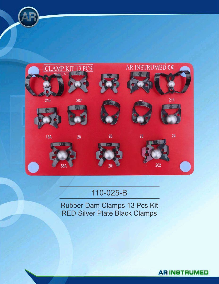 Rubber Dam Clamps 13 Pcs Kit RED Silver Plate Black Clamps – AR Instrumed, Dental Dam Clamps & Forceps