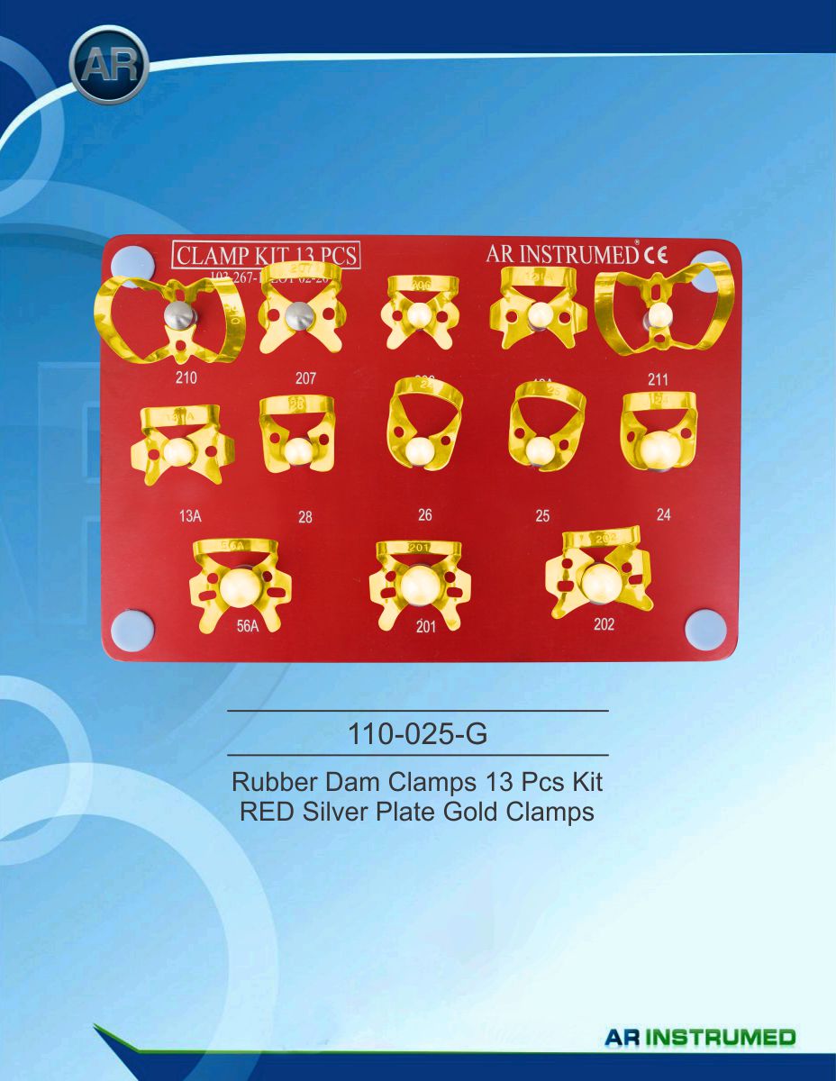 Rubber Dam Clamps 13 Pcs Kit RED Silver Plate Gold Clamps – AR Instrumed, Dental Dam Clamps & Forceps