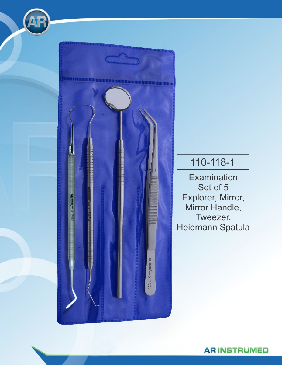 Examination Set of 5 Explorer, Mirror, Mirror Handle, Tweezer, Heidmann Spatula