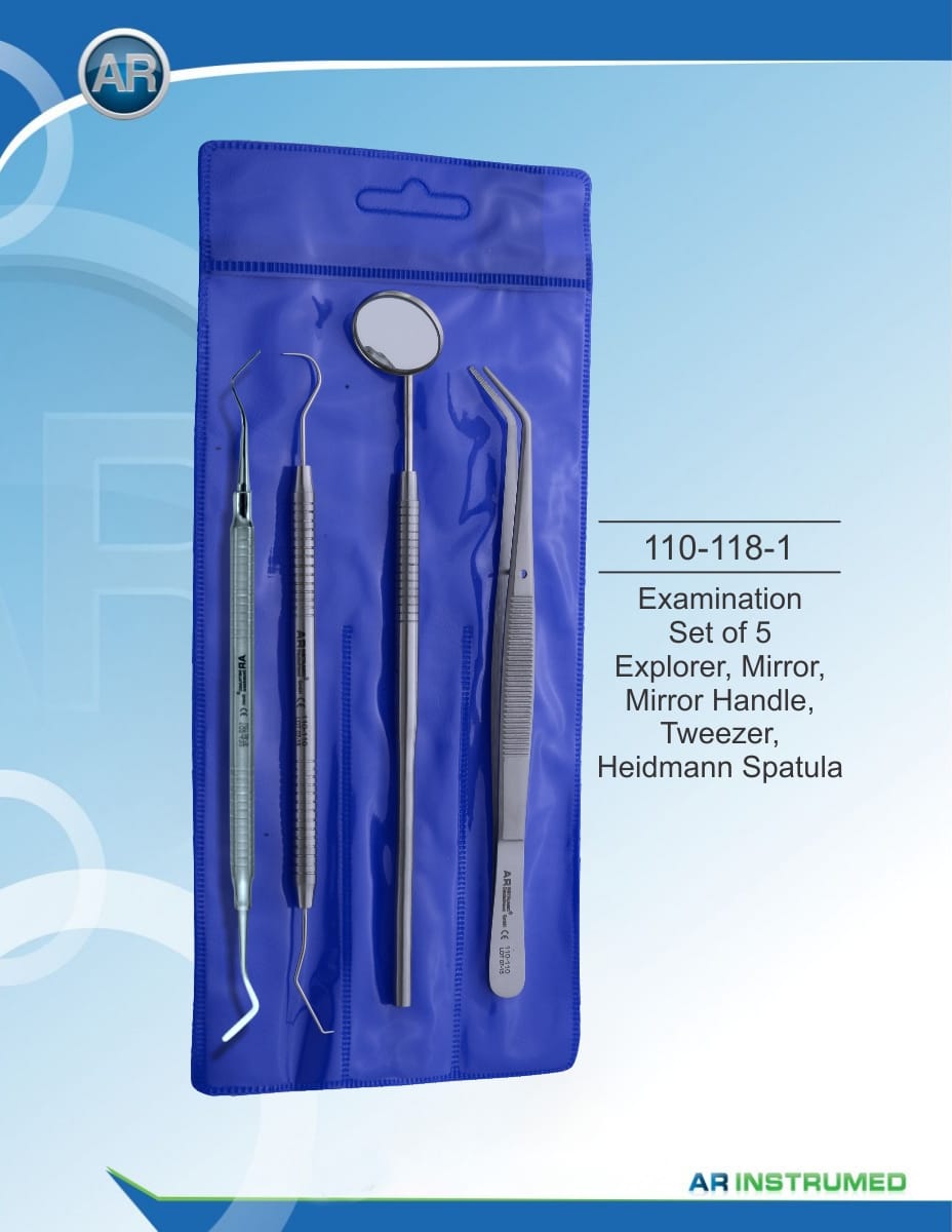 Examination Set of 5 Explorer, Mirror, Mirror Handle, Tweezer, Heidmann Spatula – AR Instrumed, Sonden