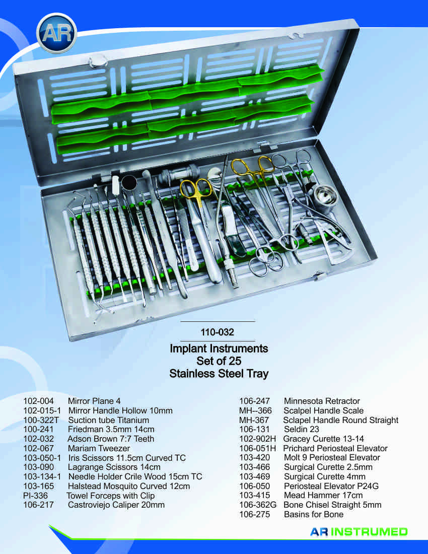 Implant Instruments Set of 25 Stainless Steel Tray