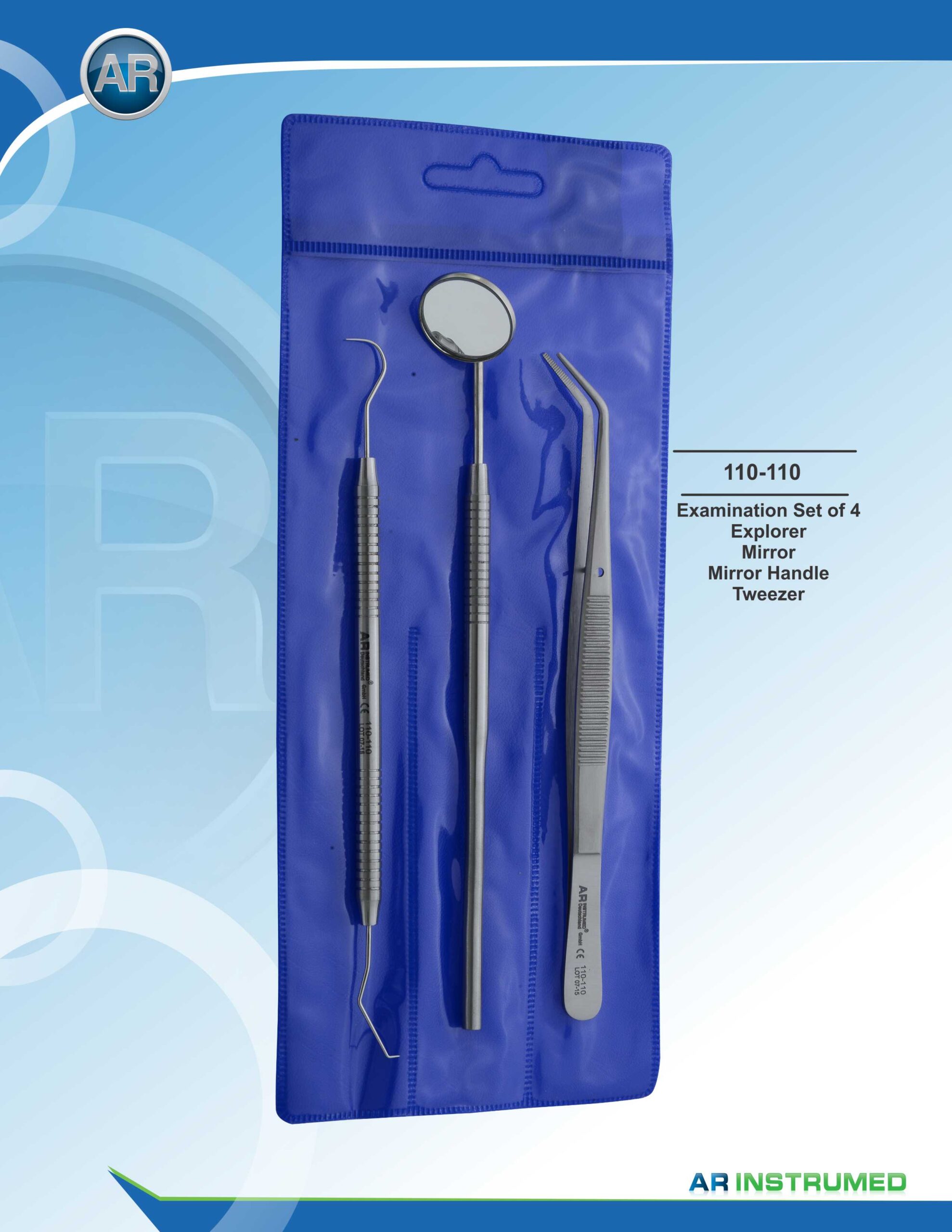 Examination Set of 4 Explorer, Mirror, Mirror Handle, Tweezer