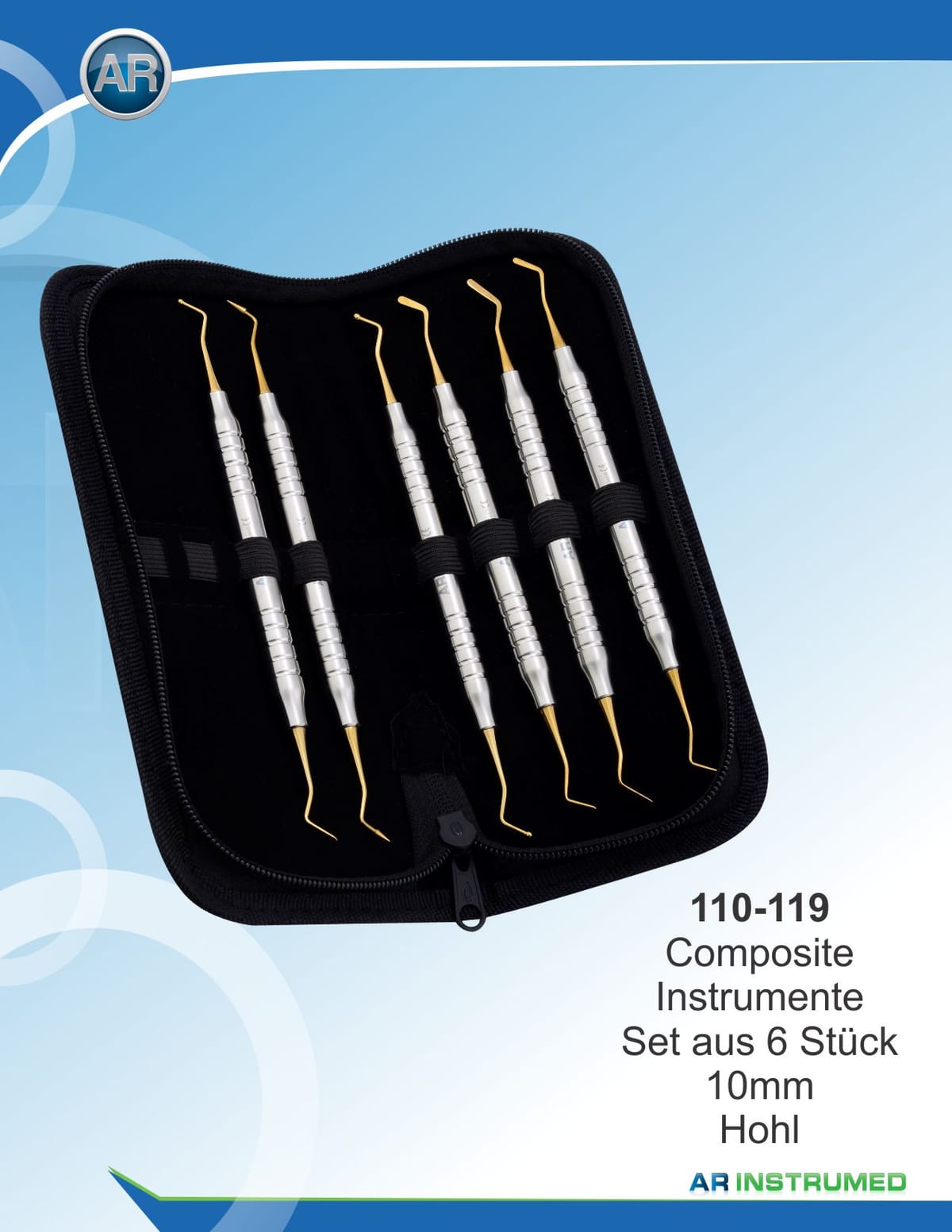Composite Instruments Set of 6 10mm Hollow Handle Gold Plasma Leather Case – AR Instrumed, Filling Instruments