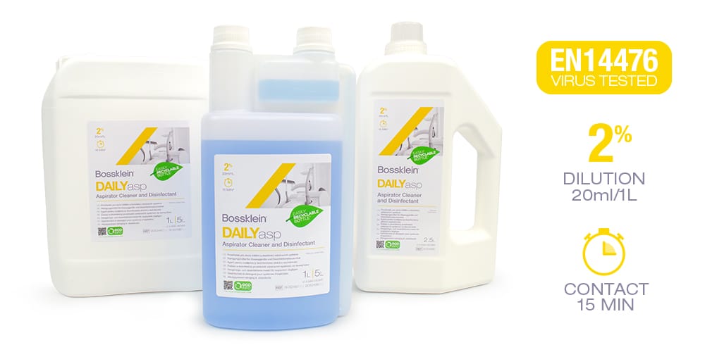 Bossklein DAILYasp Aspirator Cleaner and Disinfectant – Topdental Products Ltd., Absauganlagendesinfektion