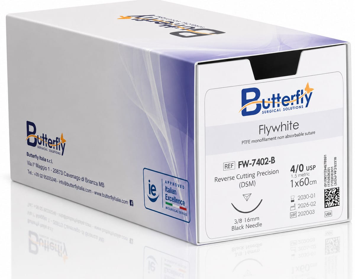 PTFE – Flywhite 3/0 / DSM18 - Black | 3/8 circle, reverse cutting premium, 18mm FW-7301-B – Butterfly Italia srl, Nadeln und Fäden