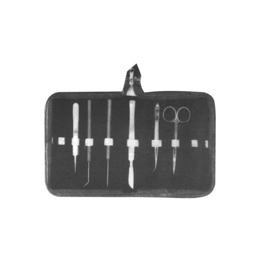 Iris Scissor STR, Dissecting Forceps CVD 12 cm, Scalpel, Teasing Needle STR wooden handle, Teasing Needle CVD wooden handle, Watchmaker fine point
