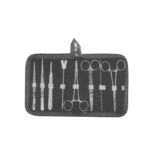 Dissecting Forceps Thumb 14 cm / Dissecting Forcep 1×2 Teeth 14 cm / B.P Handle No. 3 / Grooved Director and Tongue tie / Mayo Hearg Needle Holder 14 cm / Operating Scissor S/B str 14 cm / Probe Double end / Kelly Forcep STR 14 cm