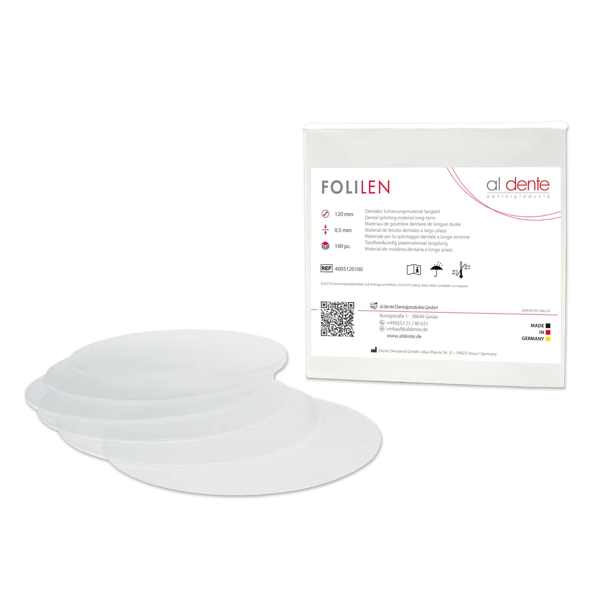 Folilen, opaque, 0,65 mm, 100 pcs., Ø 125 mm – al dente Dentalprodukte, Tiefziehfolien und -platten