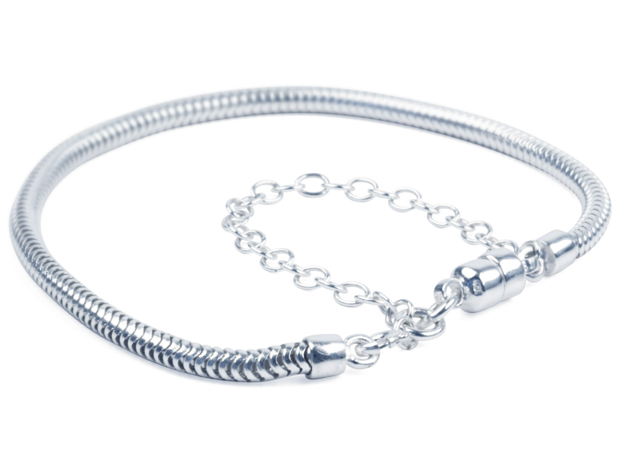 Sterling Silver Charm Bead Bracelet, 7.5", Hallmarked Snake, With Magnetic Lock And Safety Chain