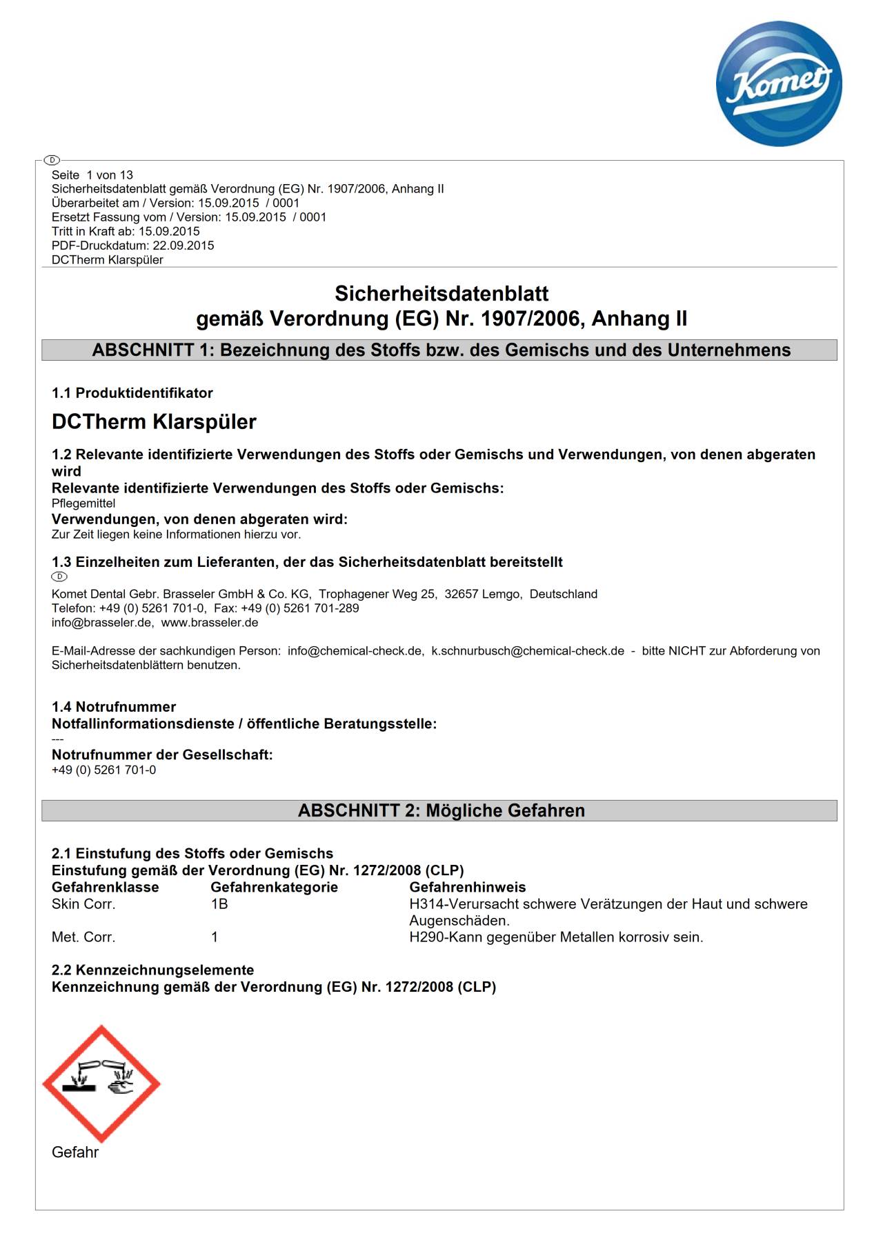 Sicherheitsdatenblatt | DCTherm Klarspüler – Komet Dental, Instrument Cleaning Solutions