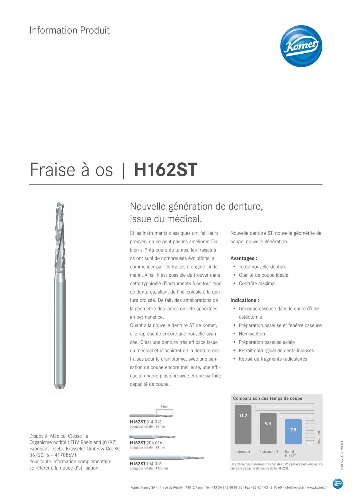 Information Produit | Fraise à os H162ST – Komet Dental, Surgical Drills and Bone Burs