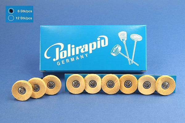 Miniaturbürsten mit Handstück, Lederscheibchen, Ø 23 mm, 100/23 mm H, 6 Stück MBH 00 400 – POLIRAPID – DR. MONTEMERLO GMBH & CO KG, Polierbürsten, Schwabbeln