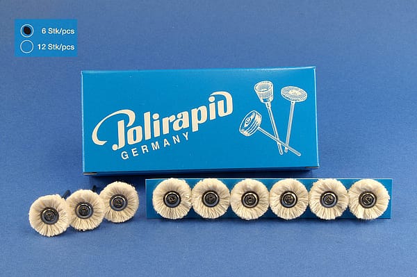 Miniaturbürsten mit Handstück, Baumwollgarn, Ø 21 mm, 103/21 mm H, 6 Stück MBH 30 300 – POLIRAPID – DR. MONTEMERLO GMBH & CO KG, Polierbürsten, Schwabbeln