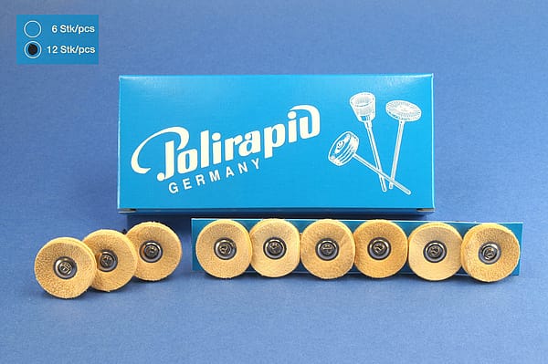 Miniaturbürsten mit Handstück, Lederscheibchen, Ø 23 mm, 100/23 mm H, 12 Stück MBH 00 401 – POLIRAPID – DR. MONTEMERLO GMBH & CO KG, Polishing Brushes, Buffs