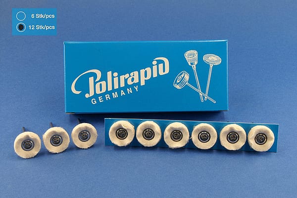 Miniaturbürsten mit Handstück, Flanellscheibchen, Ø 19 mm, 102/19 mm H, 12 Stück MBH 20 201 – POLIRAPID – DR. MONTEMERLO GMBH & CO KG, Polishing Brushes, Buffs