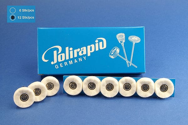 Miniaturbürsten mit Handstück, Filzscheibchen, Ø 23 mm, 101/23 mm H, 12 Stück MBH 21 401 – POLIRAPID – DR. MONTEMERLO GMBH & CO KG, Polishing Brushes, Buffs