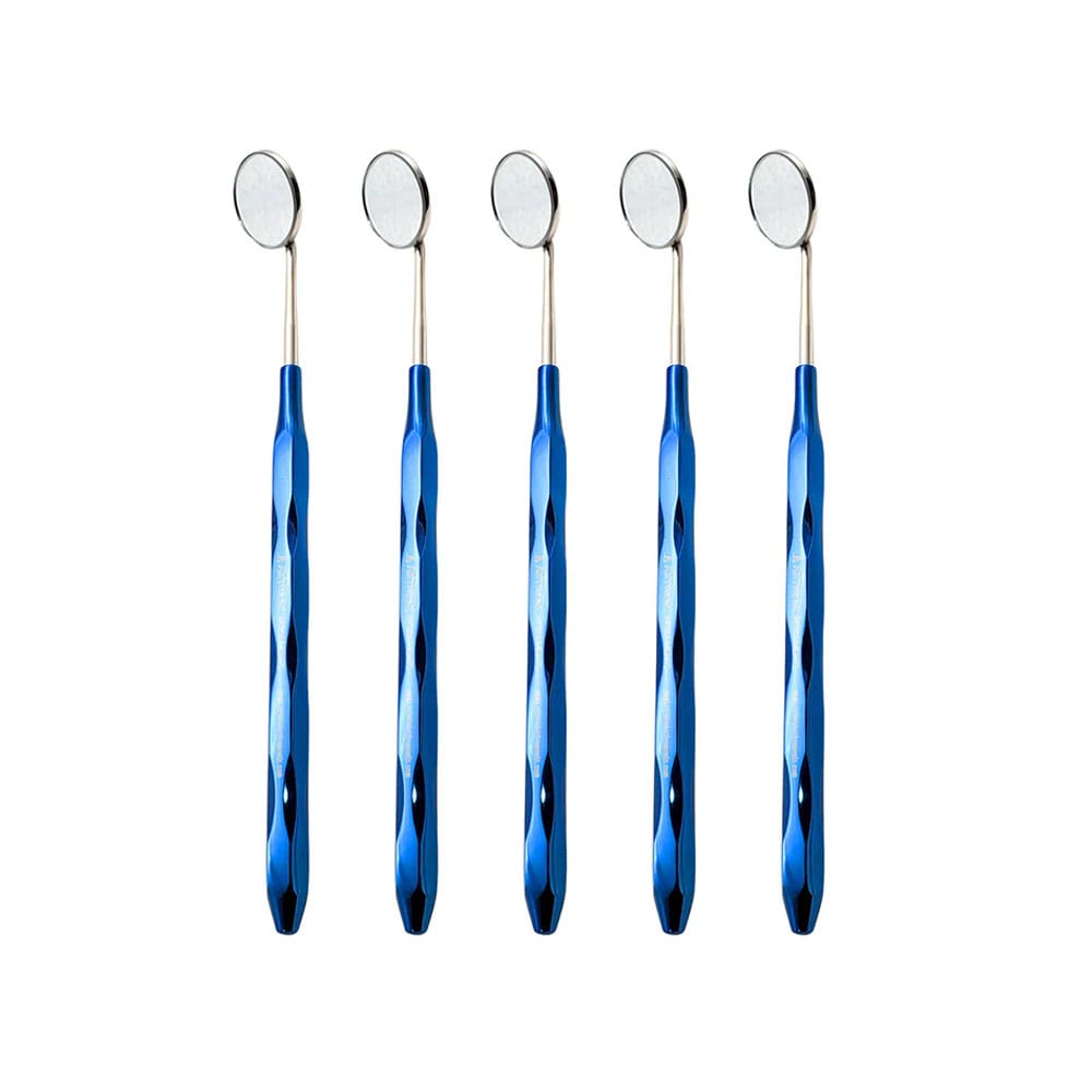 Miroir dentaire en acier inoxydable avec manche plasma bleu – lot de 5 miroirs dentaires à surface frontale rhodiée et revêtement plasma, filetage cône socket – Precision Dental, Explorers